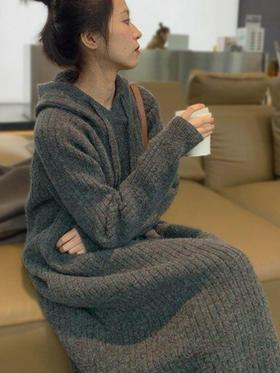 【YW】无忧购【甄选】连帽秋冬宽松慵懒风显瘦中长款过膝盖针织裙1414（截单后7天发货）