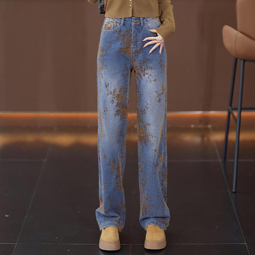 YM 6622-76雪尼尔提花直筒牛仔裤时髦洋气高腰显瘦阔腿裤 商品图2