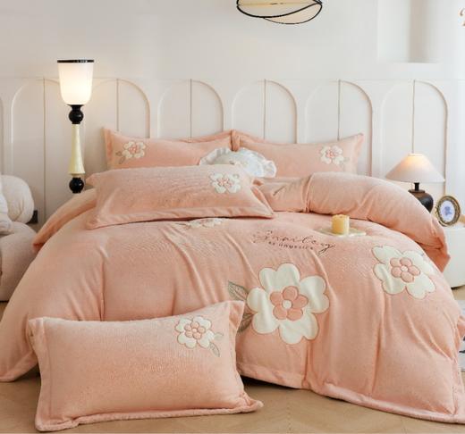全新花卉刺绣花朵纯色叶夕牛奶绒保暖加厚床上用品四件套G117800035 商品图1