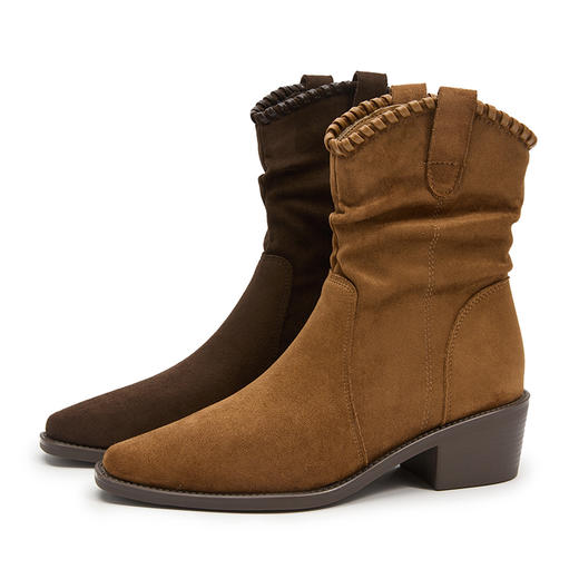 西遇复古西部牛仔靴女新款秋冬美拉德马丁靴棕色粗跟短靴子V2257291 商品图4