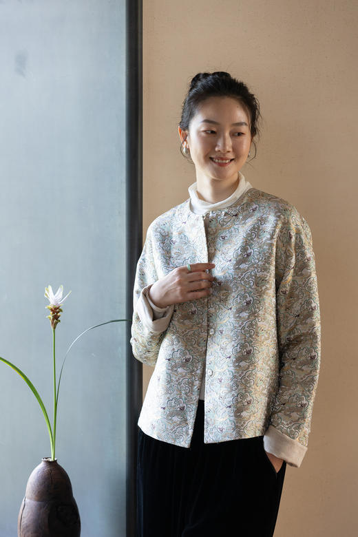 牧衣游原创 牛首龙纹织锦双面穿短外套高端文艺中式开衫 半盏云 商品图5