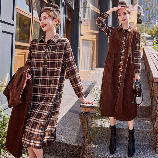 美拉德灯芯绒马甲连衣裙套装女2025年春季新款格子时尚高档两件套 商品图2