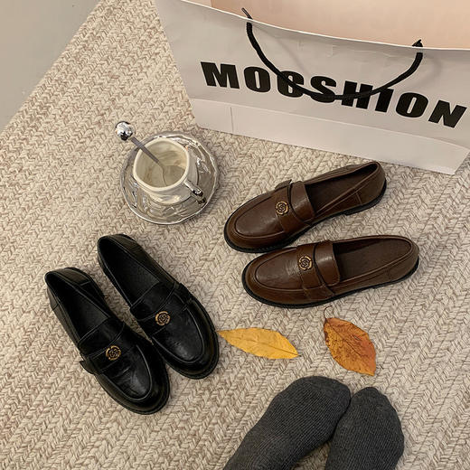 超软皮黑色山茶花乐福鞋2025年春秋季新款英伦风一脚蹬厚底单鞋女 商品图0