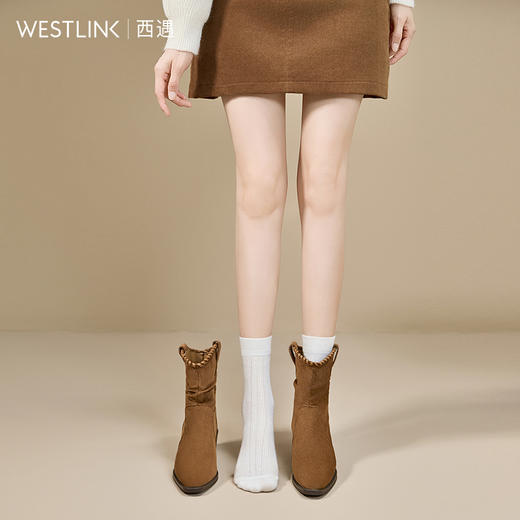 西遇复古西部牛仔靴女新款秋冬美拉德马丁靴棕色粗跟短靴子V2257291 商品图1