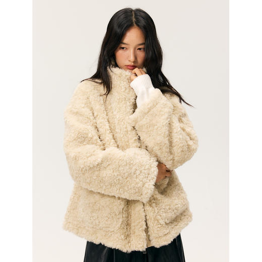 HeyDress羊剪绒卷毛立领拼皮外套 商品图3