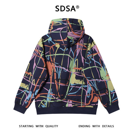 SDSA男士秋冬新款痞帅男装潮牌凌乱线条撞色连帽卫衣百搭时尚上衣 商品图5