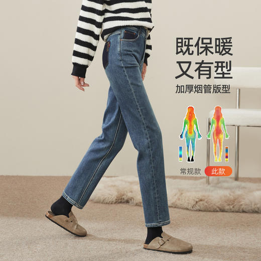 【加绒-保暖-烟管裤】逸阳冬季复古拉毛弹力显瘦直筒牛仔裤1379R 商品图2