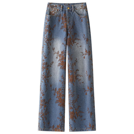 YM 6622-76雪尼尔提花直筒牛仔裤时髦洋气高腰显瘦阔腿裤 商品图4