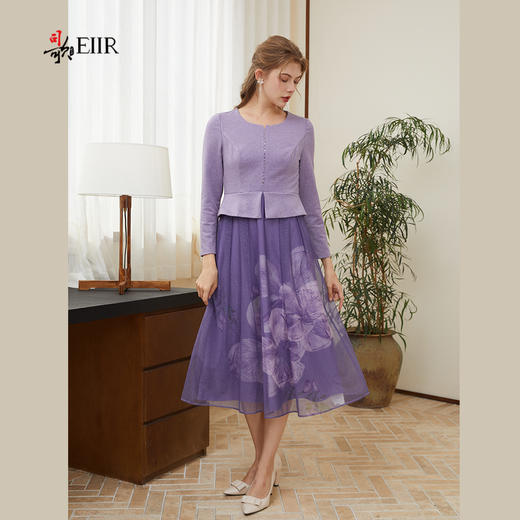 司歌假两件拼接长袖圆领印花压褶连衣裙秋冬A921118X 商品图0