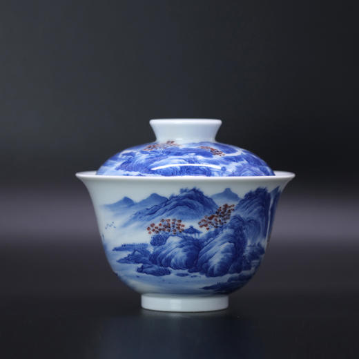 歳合山房俞强款青花山庄秋林图二才盖碗 商品图0