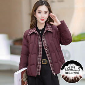 QYM 7777-Y时尚气质防寒羽绒服格纹拼结假两件保暖外套