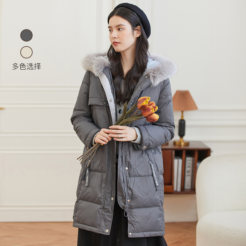 Famecoco范可儿白鸭绒羽绒服女士冬款时尚中长款外套D218AD300