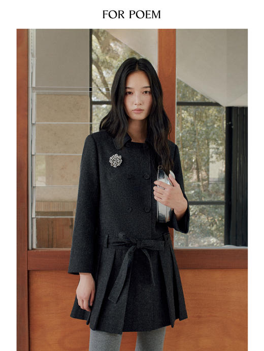ForPoem 现货 25/FW原创设计小众羊毛混纺百褶深灰九分袖连衣裙外套 商品图4