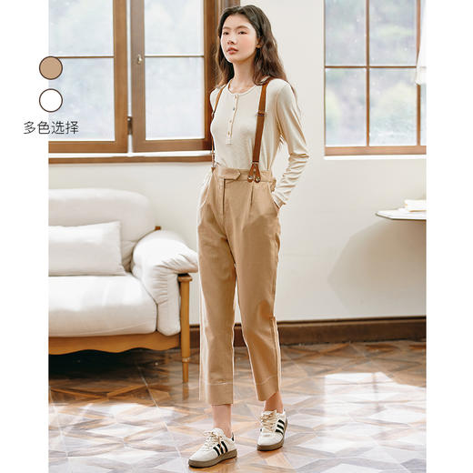Famecoco范可儿品牌全棉背带裤女士秋季直筒显瘦纯色休闲裤长裤D221GA300 商品图0