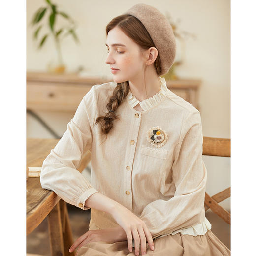 Famecoco范可儿花农诗人假两件棉麻衬衫女士秋款长袖开衫衬衣F225AB007 商品图2