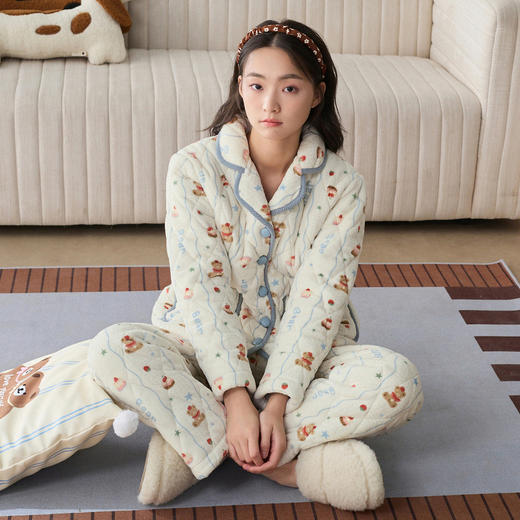 芬腾新款女士睡衣冬季长袖长裤三层夹棉珊瑚绒加厚保暖家居服套装 商品图2