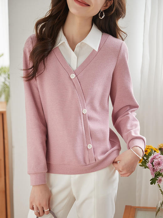 【年终特卖】熙世界2025秋新款叠搭风衬衫翻领拼接华夫格卫衣假两件时尚上衣 商品图3