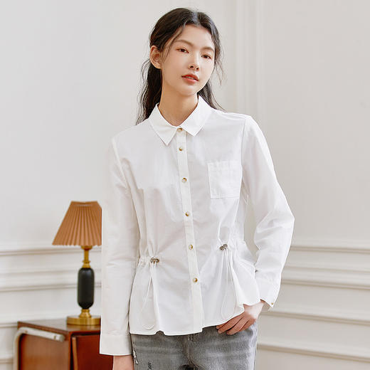 Famecoco范可儿时尚通勤白衬衫设计感收腰显瘦短款上衣DAB6BA007 商品图0