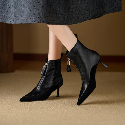 【预售5天】复古瘦瘦靴尖头高跟短靴真皮拼接前拉链舒适女鞋巨好看美拉德靴子XKDY&x8666 商品图4