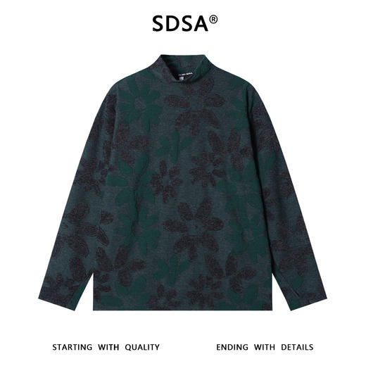 T4961SDSA秋冬新款痞帅男装潮牌撞色植物花卉半高领长袖T恤时尚百搭 商品图1