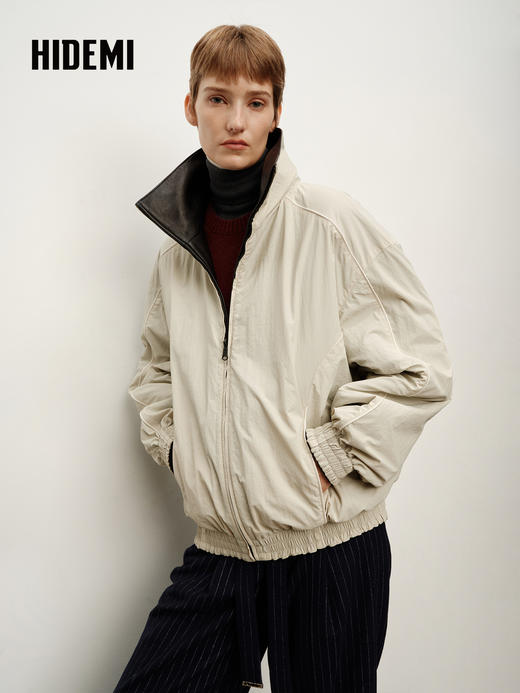 HIDEMI 进口西班牙胎羊皮极简立领短款夹克外套正反两穿廓形皮衣 商品图4