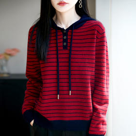 丁摩  纯羊毛宽松连帽套头条纹打底针织衫毛衣M2-467