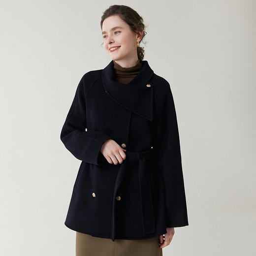 丁摩 红羊毛双面呢围脖外套中长款大衣BN091 商品图2