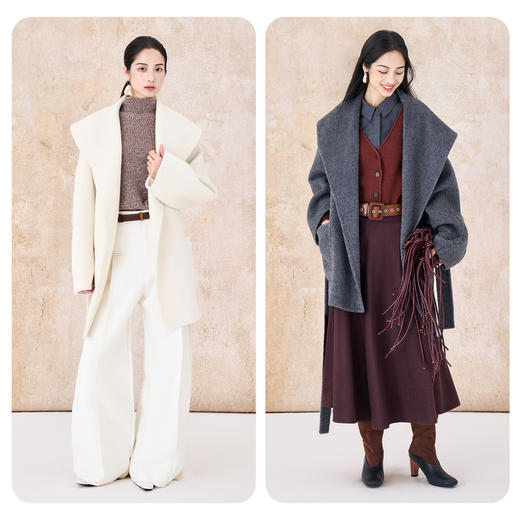 【市野织间】女士大翻领长毛双面呢大衣  绵羊毛与牦牛绒混纺 商品图1