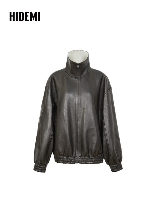 HIDEMI 进口西班牙胎羊皮极简立领短款夹克外套正反两穿廓形皮衣 商品图7