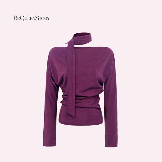 余潇潇【慵懒时髦精】设计感莱赛尔条纹一字领长袖上衣配飘带 商品图0