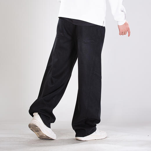 DRONKOO 2025 抽绳松紧腰两侧破缝前后喷色天丝一体绒厚牛仔长裤 商品图3