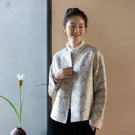 牧衣游原创 牛首龙纹织锦双面穿短外套高端文艺中式开衫 半盏云 商品图0