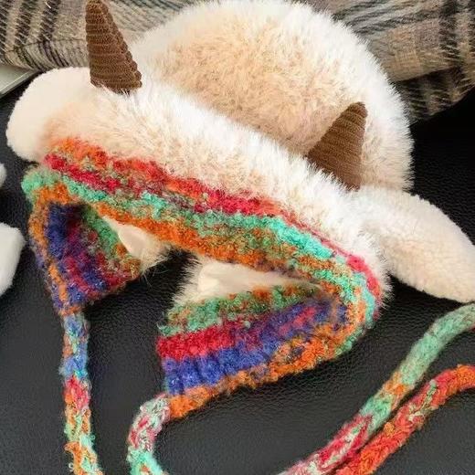 【冬季新款❗️超可爱小羊帽子】保暖加厚，百搭可爱风，全包显脸小，毛绒针织包头女保暖秋冬季骑行套头帽百搭潮 商品图1