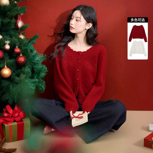 西遇甜美立体蝴蝶结针织开衫女冬季新款花边圆领软糯毛衣外套H0055383 商品图2