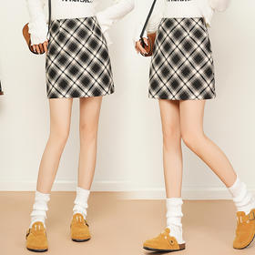 YM 6985-45时髦洋气毛呢格子短裙韩版高腰显瘦包臀短裙