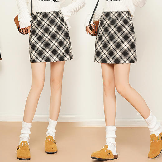 YM 6985-45时髦洋气毛呢格子短裙韩版高腰显瘦包臀短裙 商品图0