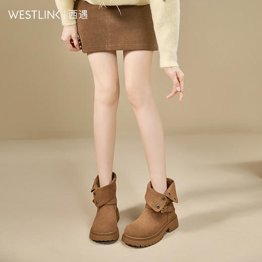 西遇厚底美拉德短靴女新款秋冬两穿翻筒绒面西部牛仔靴马丁靴V2157195 商品图3