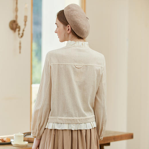 Famecoco范可儿花农诗人假两件棉麻衬衫女士秋款长袖开衫衬衣F225AB007 商品图4