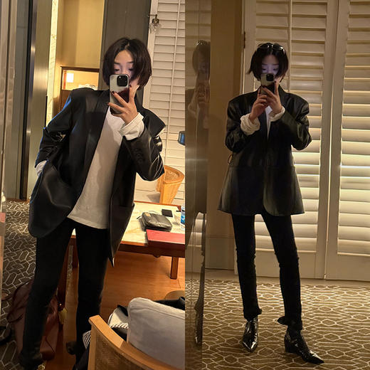 HIDEMI 高级感V领气质绵羊皮西装外套显瘦腰带真皮皮衣风衣 商品图1