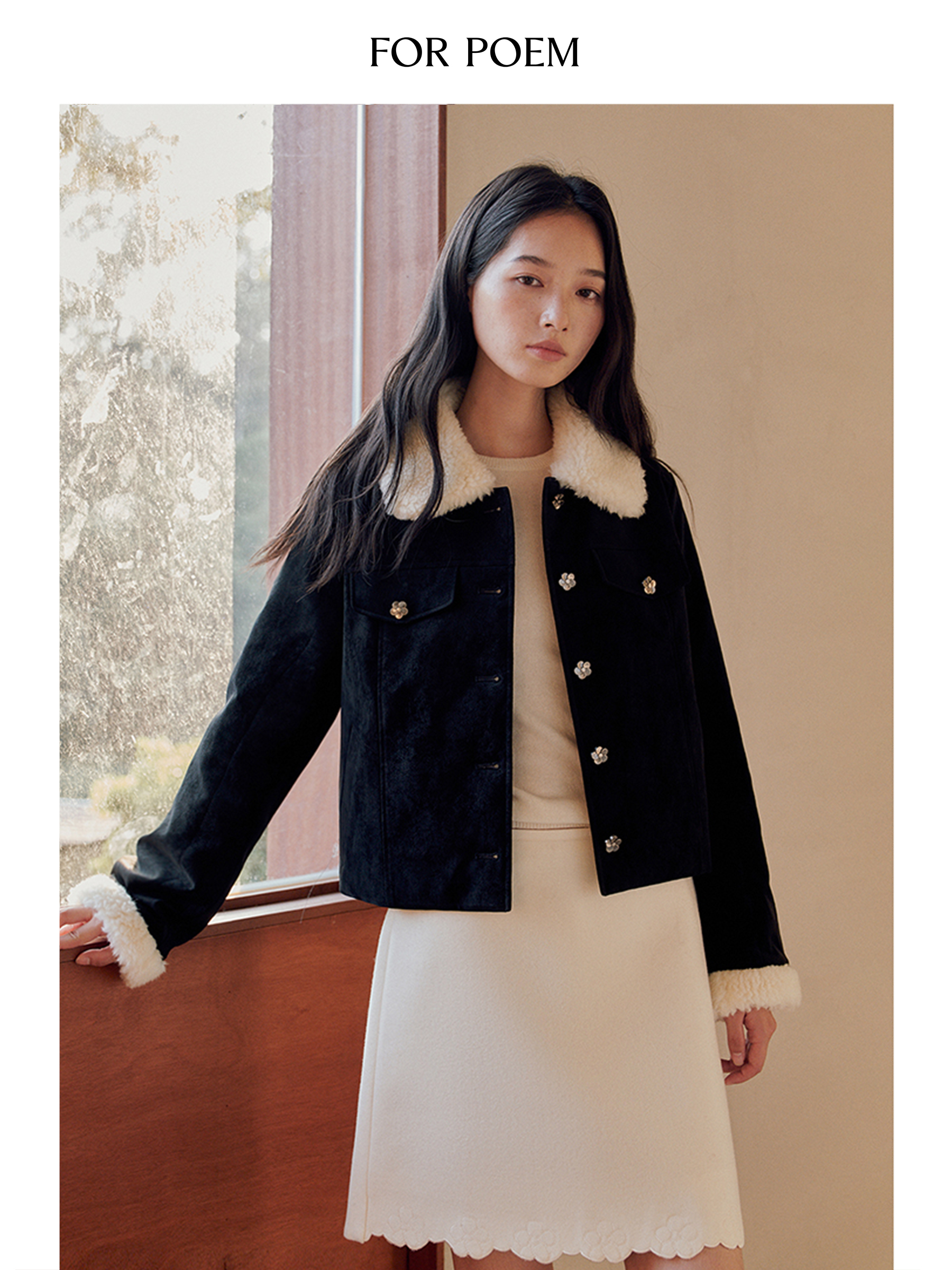 ForPoem 现货 25/FW原创设计花朵扣麂皮羊驼羊毛领子休闲短款棉服外套