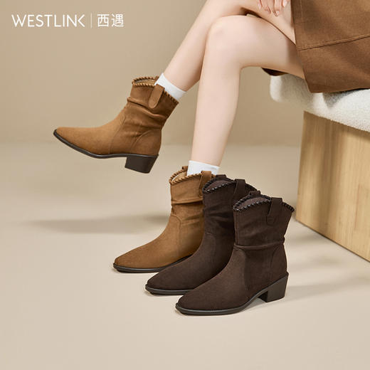 西遇复古西部牛仔靴女新款秋冬美拉德马丁靴棕色粗跟短靴子V2257291 商品图0