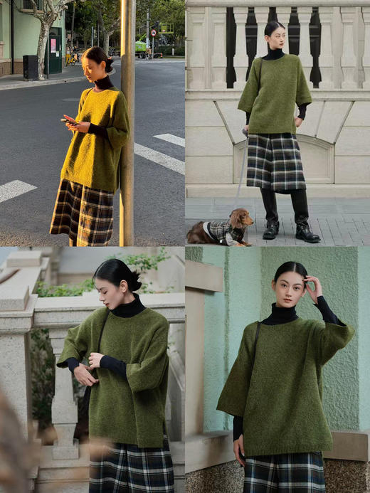 HIDEMI 进口羊驼羊毛极简圆领大廓形七分袖套头宽松毛衣 商品图1