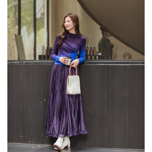 【林栖设计小店】（藏青色/黑色预售12.11）碎钻手工捏褶皱半身裙紫色2025秋季拼真丝休闲文艺新款长裙女1953039 商品图2