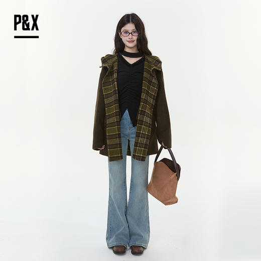 P&X设计师女装2025冬季毛呢连帽双面呢中长款大衣825421114 咖绿 商品图2