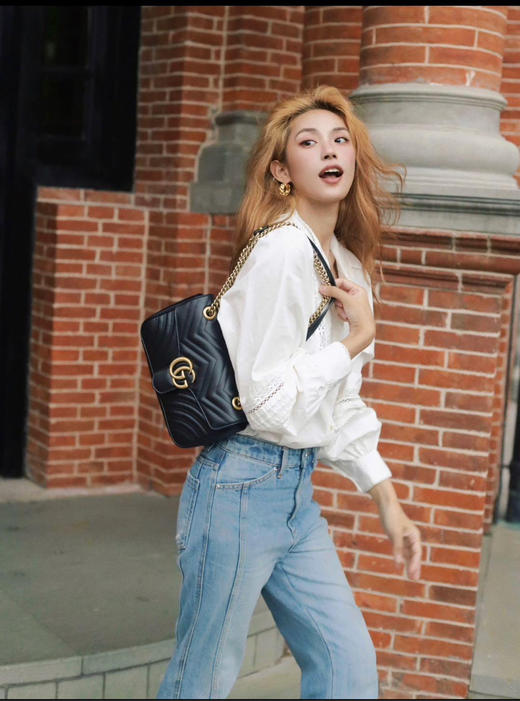 Gucci 双g 马蒙 黑金 牛皮 中号 斜挎包 商品图1