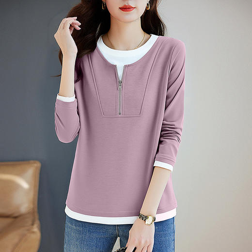 大码长袖T恤女撞色2026秋装新款宽松显瘦打底衫高级假两件上衣 商品图3