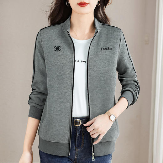 大码灰色拉链外套女2026秋装新款中长款宽松卫衣立领夹克女装上衣 商品图1