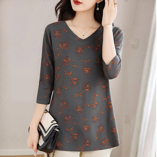 v领七分袖女士上衣2026新款春秋大码女装宽松时尚洋气妈妈中袖t恤 商品图2