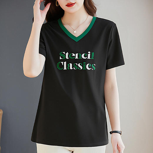 黑色女士短袖t恤夏季2026新款宽松大码胖mm显瘦遮肉V领上衣中长款 商品图3