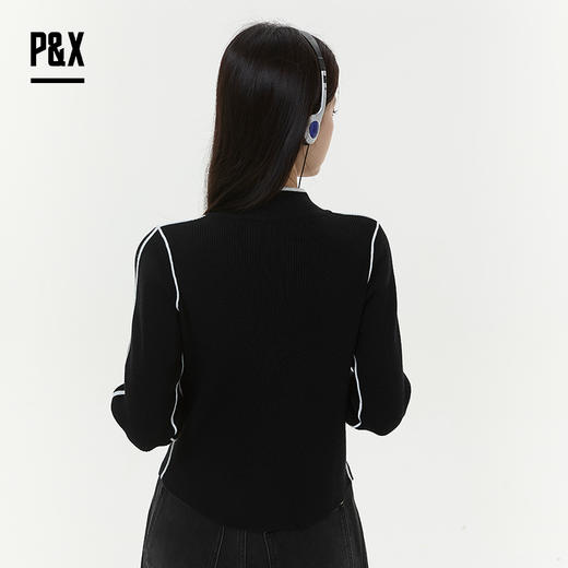 P&X设计师女装2025冬季修身立领运动拼接短款毛衣 825418191 黑色 商品图4
